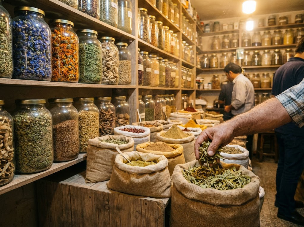 گونی‌های پر از گیاهان دارویی در یک عطاری سنتی اصفهان؛ خرید دمنوش‌های آرام‌بخش برای مقابله با استرس و آلودگی هوا