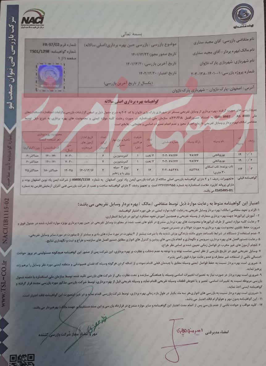 اسناد ترخیص مصدومان حادثه تاب پرنده ناژوان