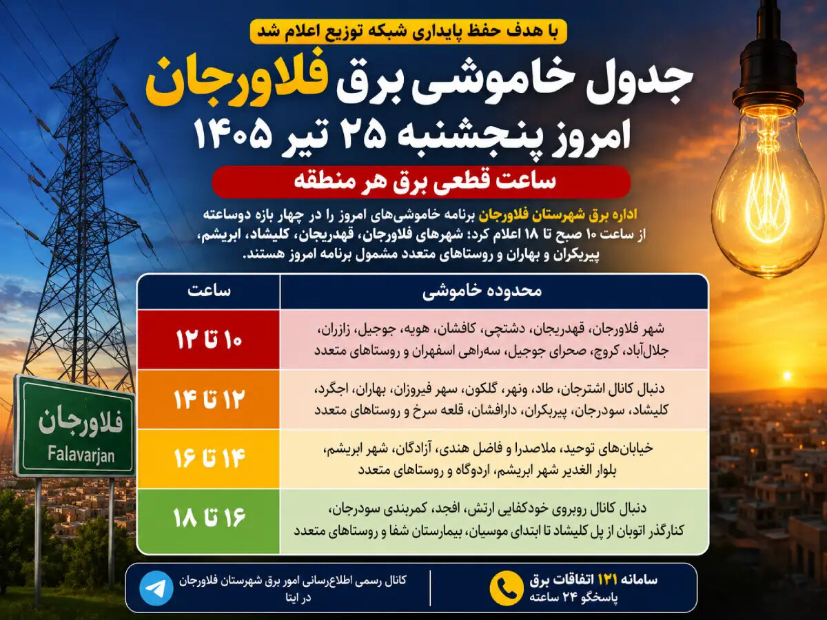 جدول خاموشی برق فلاورجان امروز پنجشنبه ۲۵ تیر؛ ساعت قطعی برق هر منطقه
