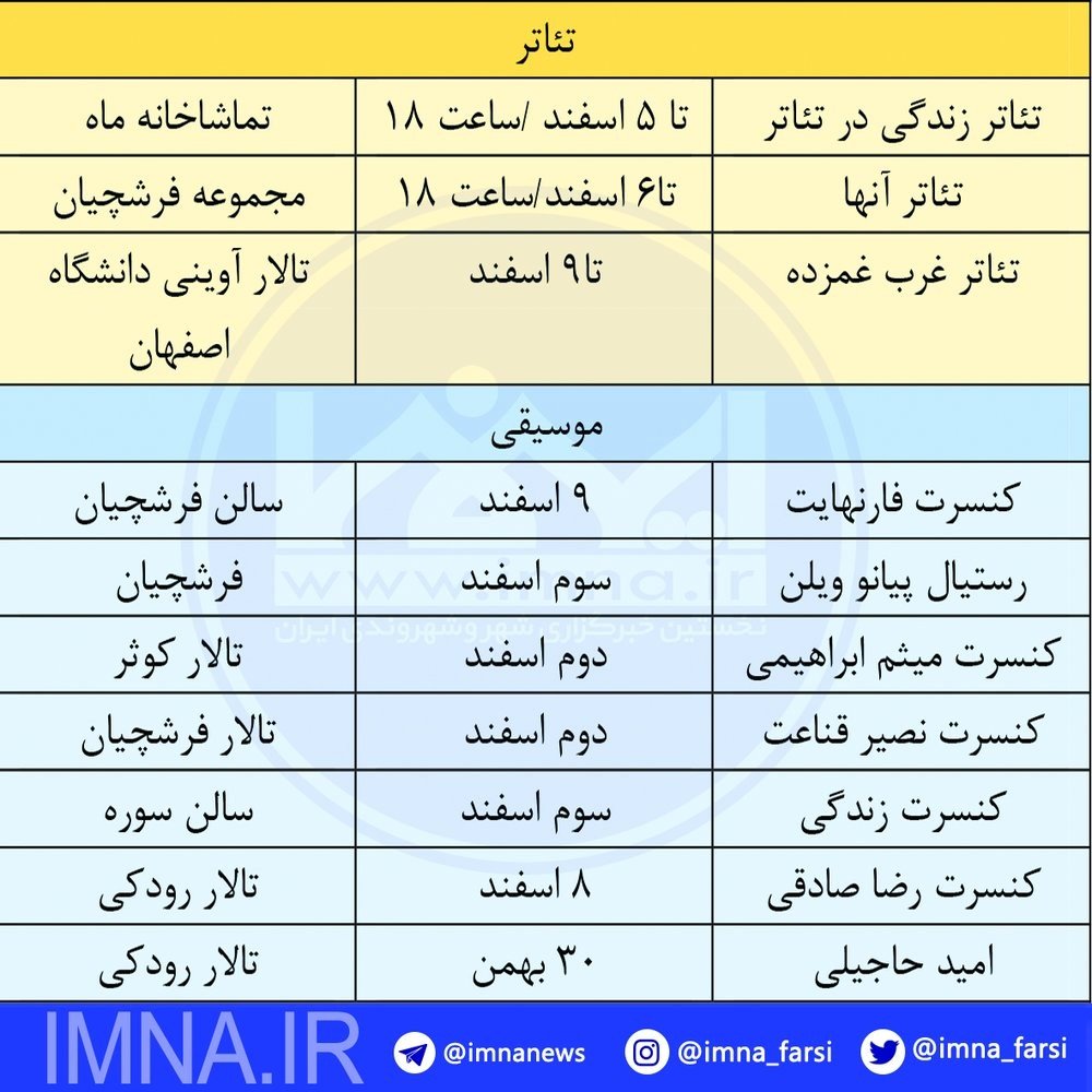 برنامه تئاتر و کنسرت در اصفهان + جدول