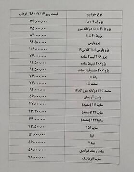 قیمت خودرو امروز ۱۷ مهرماه + جدول