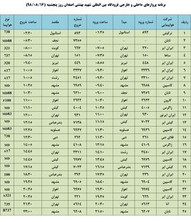 فهرست پروازهای فرودگاه بین المللی شهید بهشتی اصفهان،پنج شنبه 16 آبان