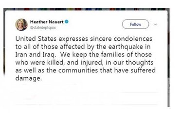 ابراز همدردی وزارت خارجه آمریکا با حادثه‌دیدگان زلزله ایران