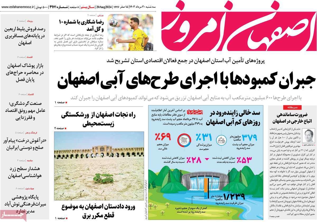 صفحه نخست روزنامه‌های امروز اصفهان سه شنبه 30 مرداد  1403
