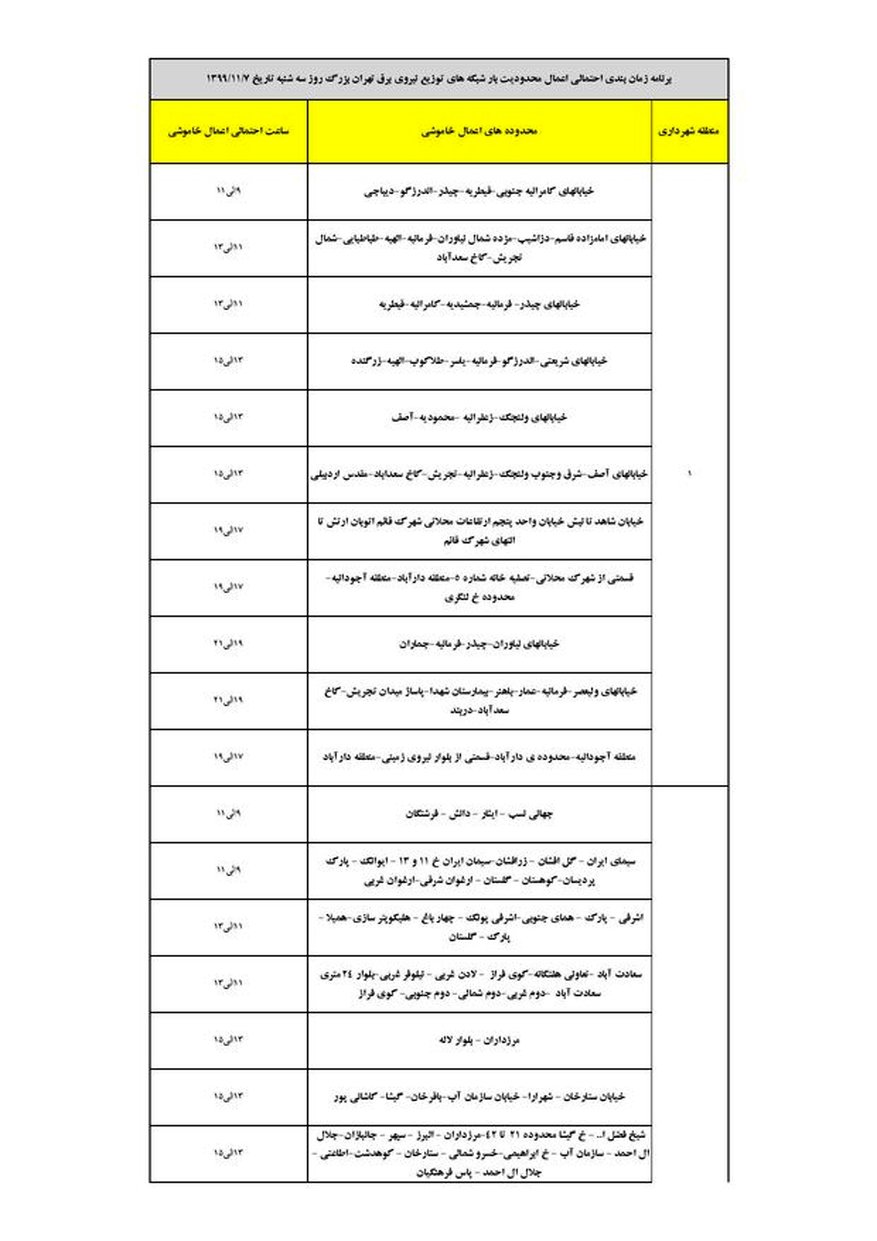 برنامه قطع برق تهران سه شنبه7 بهمن 99