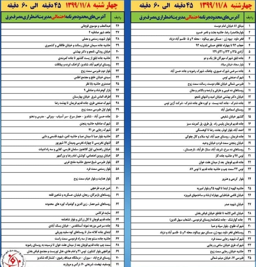 برنامه قطع برق مشهد چهارشنبه8 بهمن 99