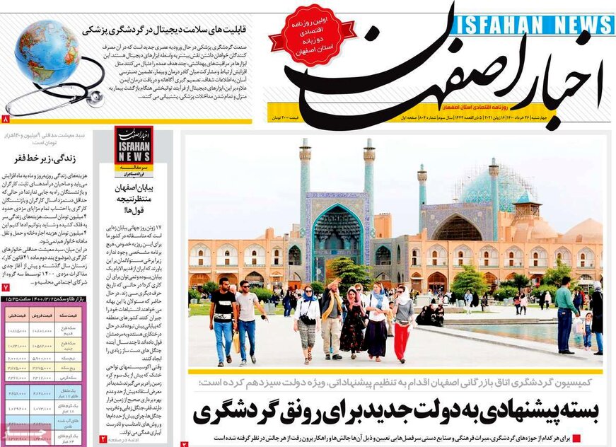 صفحه نخست روزنامه‌های امروز اصفهان چهارشنبه 26 خرداد 1400