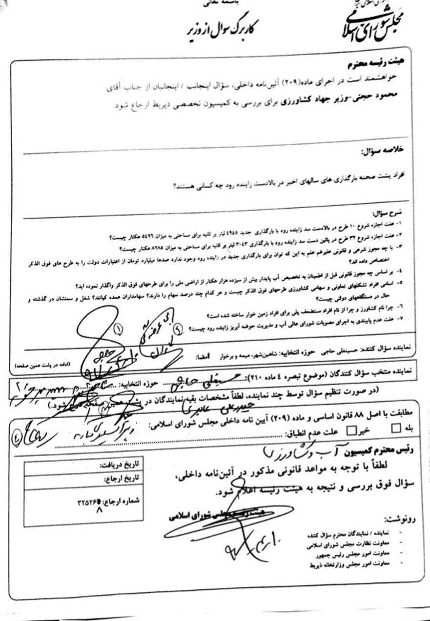 سوال نمایندگان اصفهان در مورد بارگذاری‌ها بر زاینده‌رود+ تصویر