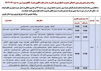برنامه قطع برق قزوین سه شنبه 26 تیر 97