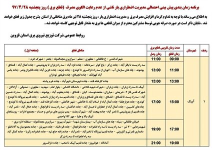 برنامه قطع برق قزوین پنجشنبه 28 تیر 97