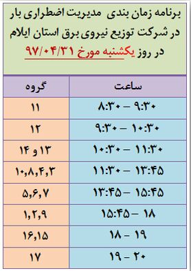 برنامه قطع برق ایلام یکشنبه 31 تیر 97