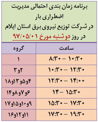 برنامه قطع برق ایلام دوشنبه 1 مرداد 97