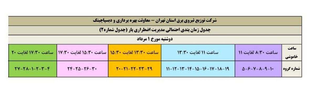 جدول زمانبندی برنامه قطع برق اسلامشهر دوشنبه 1 مرداد 97 استان تهران