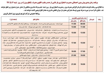 برنامه قطع برق قزوین شنبه 6 مرداد 97