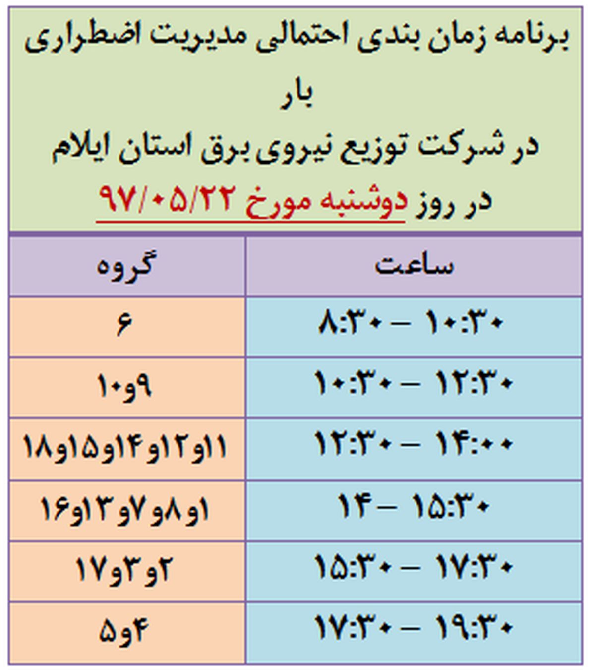 برنامه قطع برق ایلام دوشنبه 22 مرداد97
