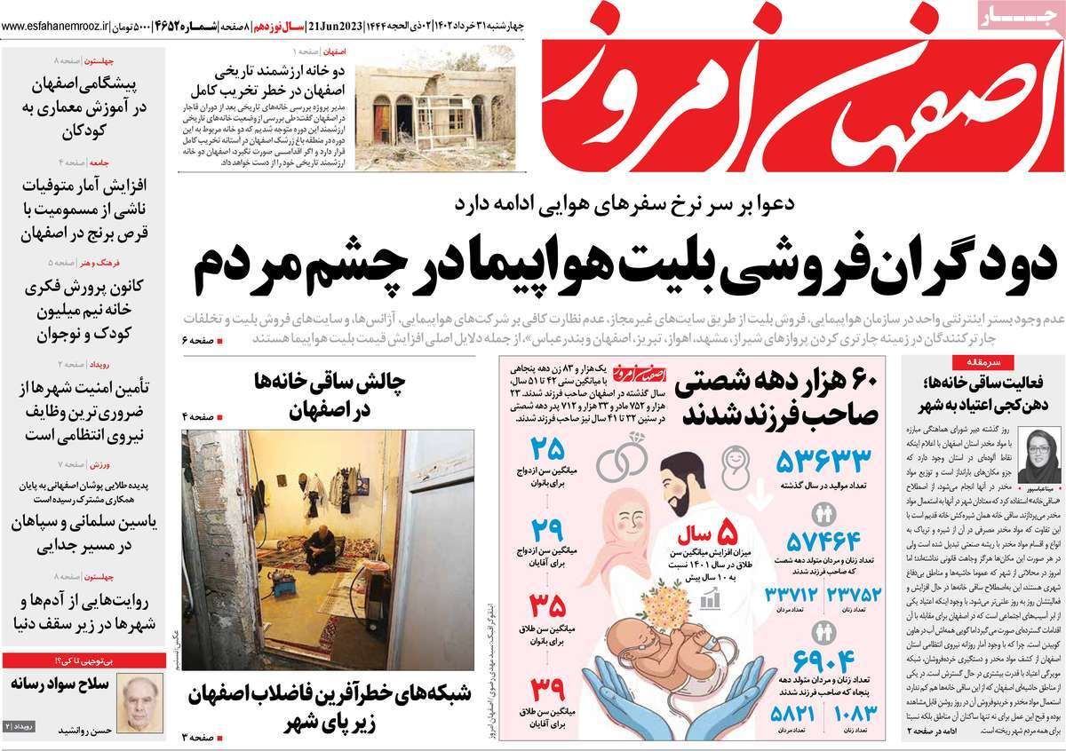 صفحه نخست روزنامه‌های امروز اصفهان چهارشنبه 31 خرداد 1402