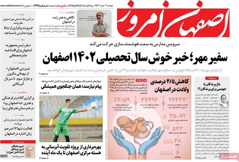 صفحه نخست روزنامه‌های امروز اصفهان دوشنبه 3مهر 1402
