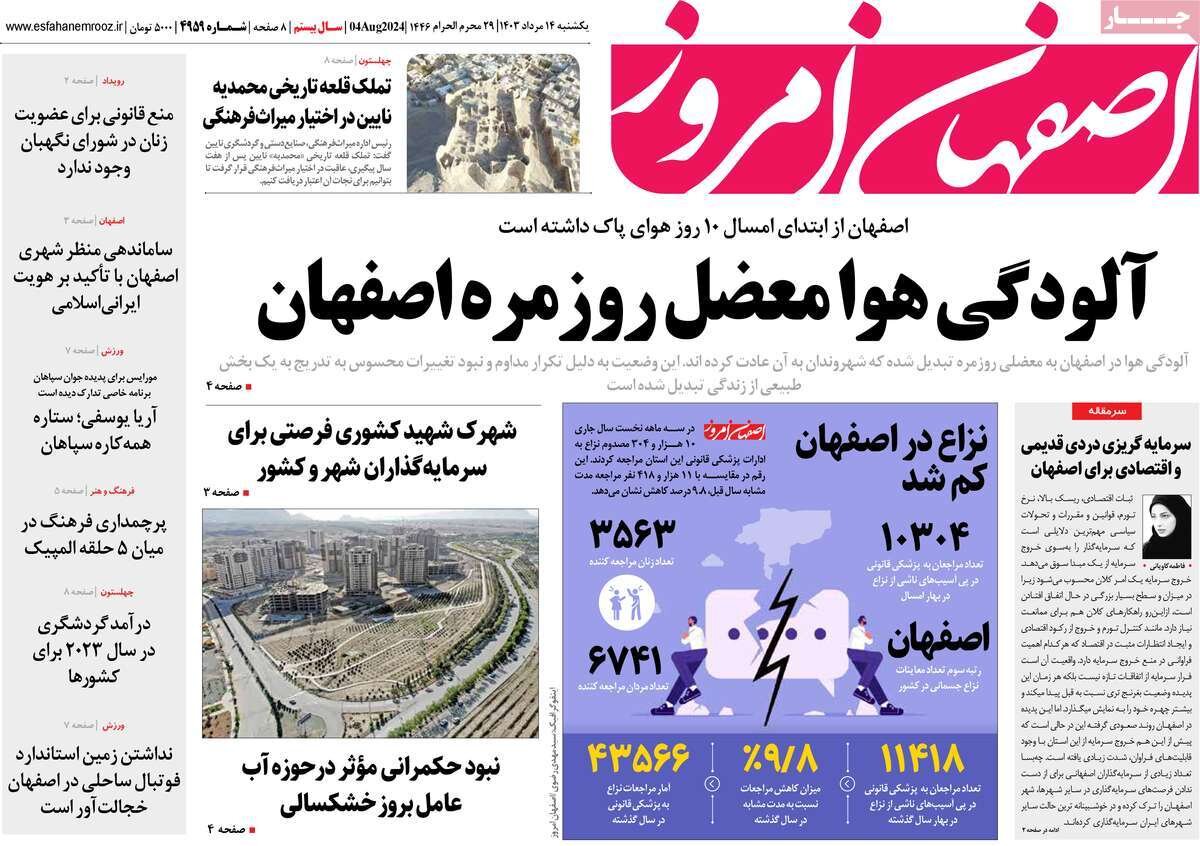 صفحه نخست روزنامه‌های امروز اصفهان یکشنبه 14 مرداد  1403