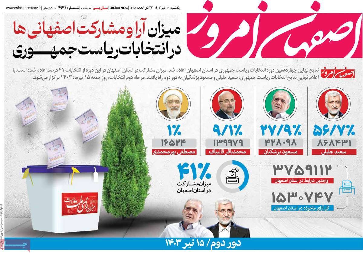 صفحه نخست روزنامه‌های امروز اصفهان یکشنبه 10 تیر 1403