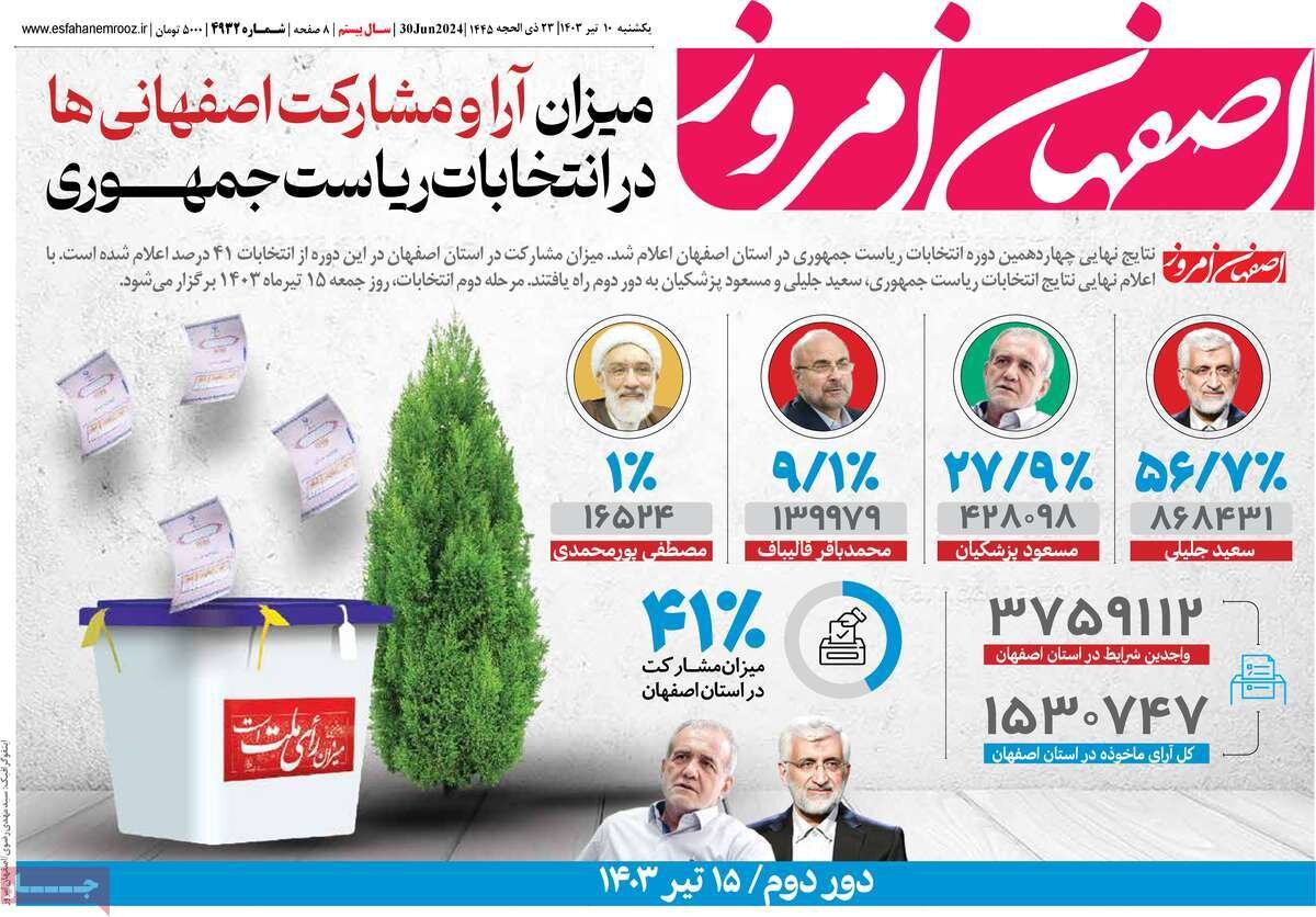 صفحه نخست روزنامه‌های امروز اصفهان یکشنبه 10 تیر 1403