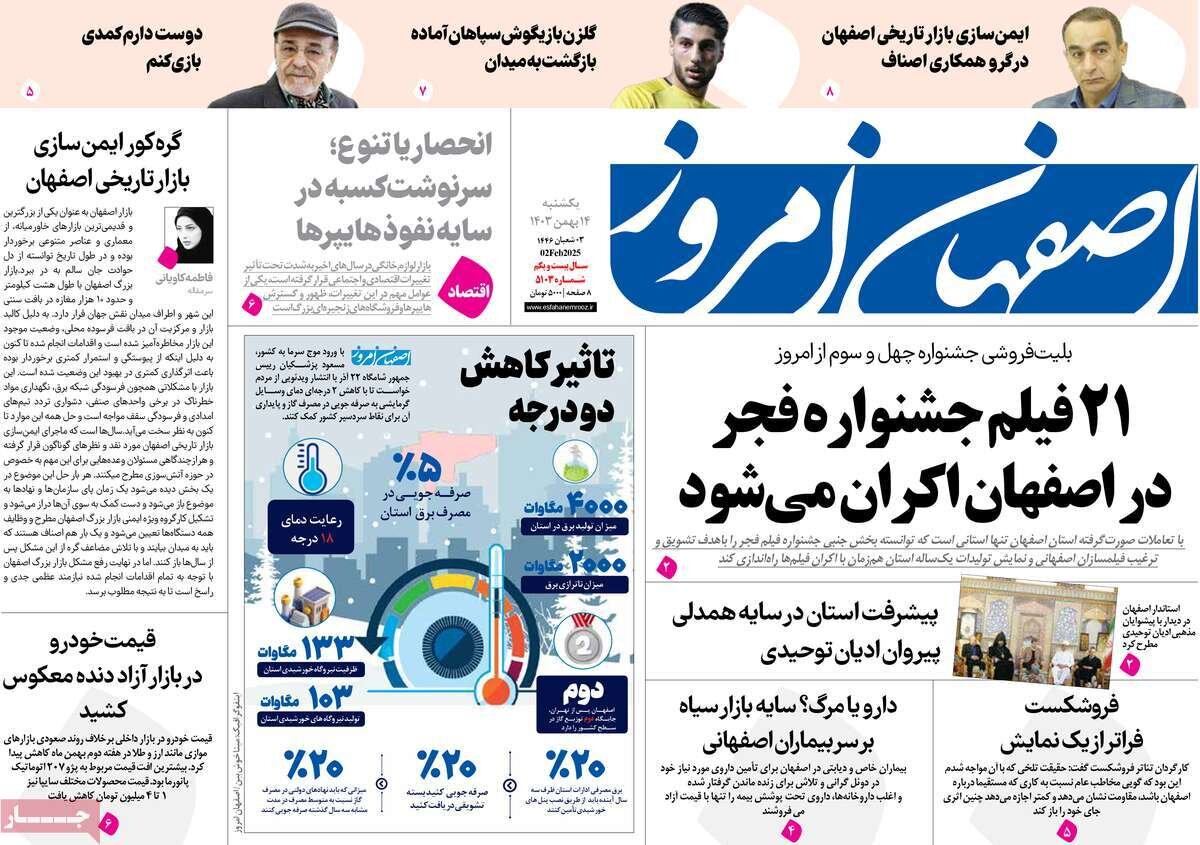 صفحه نخست روزنامه‌های امروز اصفهان یکشنبه14 بهمن 1403