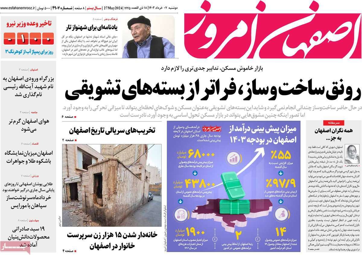 صفحه نخست روزنامه‌های امروز اصفهان دوشنبه 7 خرداد 1403