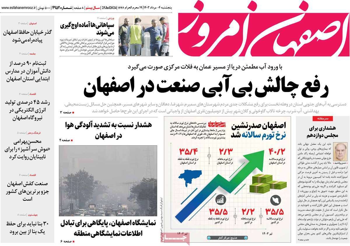 صفحه نخست روزنامه‌های امروز اصفهان پنجشنبه 4 مرداد  1403