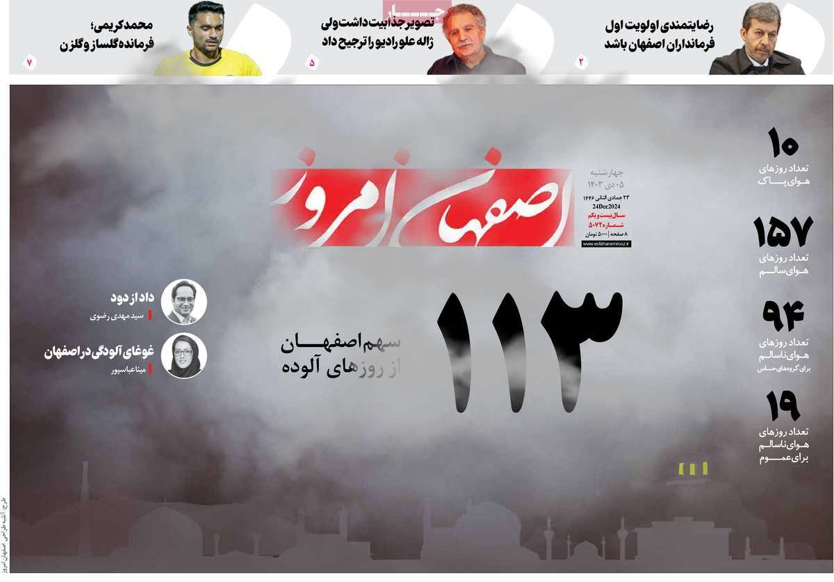 صفحه نخست روزنامه‌های امروز اصفهان چهارشنبه 5 دی 1403
